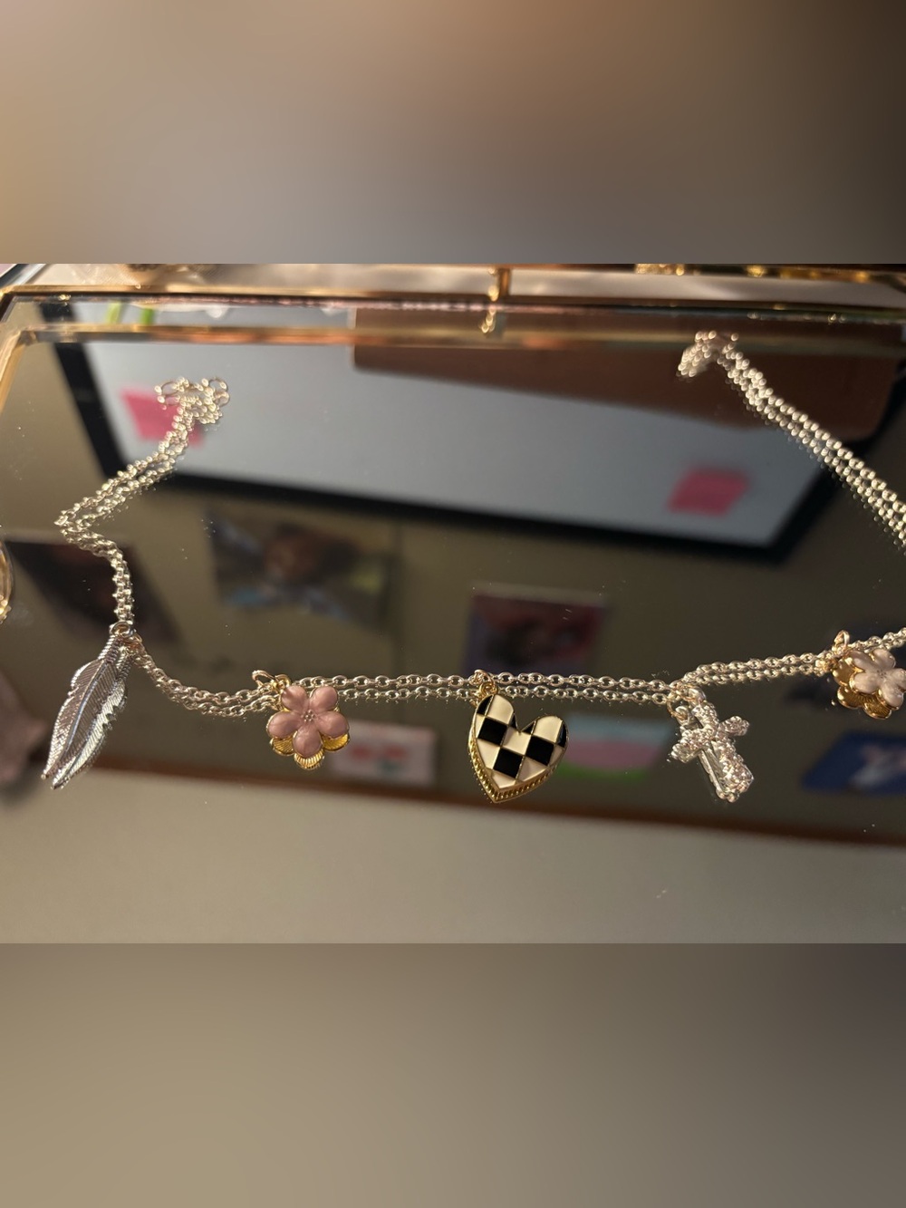 Gold-Tone Checker Heart & Pink Flower Bible Charm